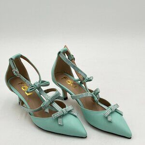 FSJ Women Crystal Bow Gladiator Pump Ankle Buckle Strap Low Kitten Heel Sandals